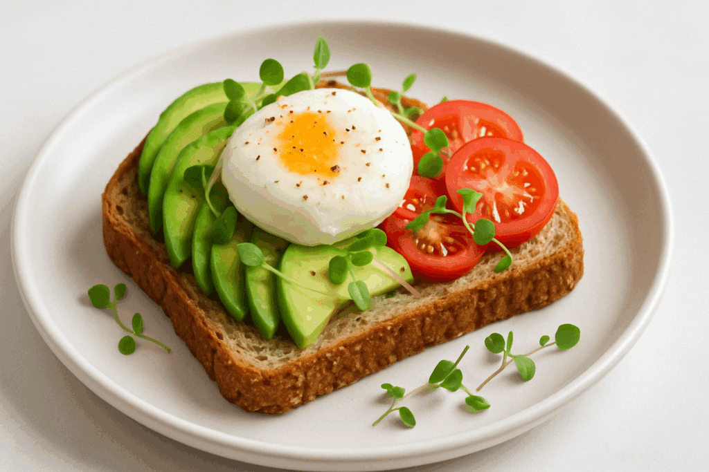 Wholemeal bread topped with avocado, poached egg, tomato slices, and microgreens—nutrient-rich meal exploring is bread bad when losing fat