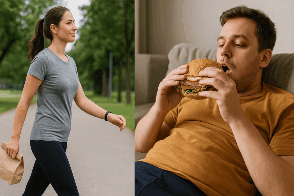 Split image showing active lifestyle vs. sedentary habits, exploring if is bread bad when losing fat"
Let me know if you'd like variants or longer caption text as well