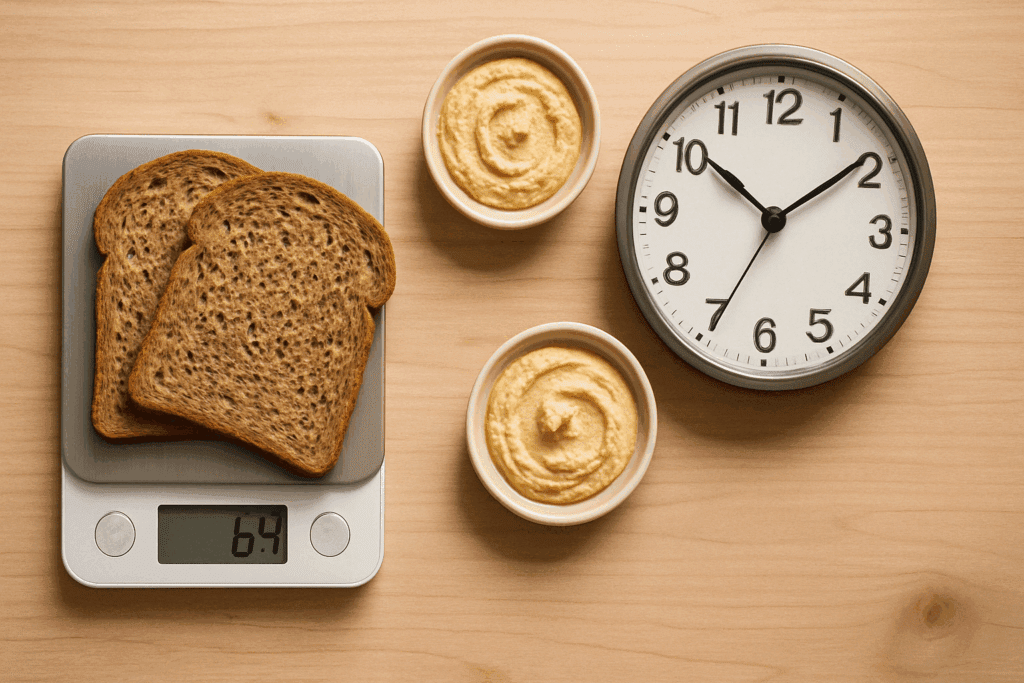 Two slices of whole grain bread on a food scale beside hummus and a clock, symbolizing portion control and timing in answering is bread bad when losing fat.