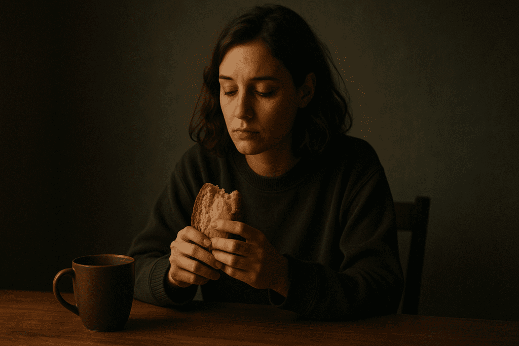 Woman sitting alone at a table holding bread with a warm drink, reflecting on emotional eating and asking is bread bad when losing fat