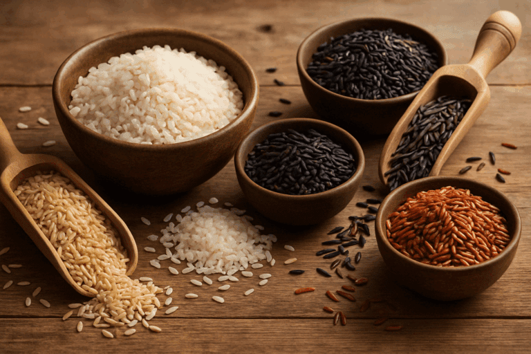Five varieties of rice including brown, white, black, red, and wild rice displayed in rustic bowls on a wooden table, illustrating the diversity in whole grains and addressing the question is rice a whole food