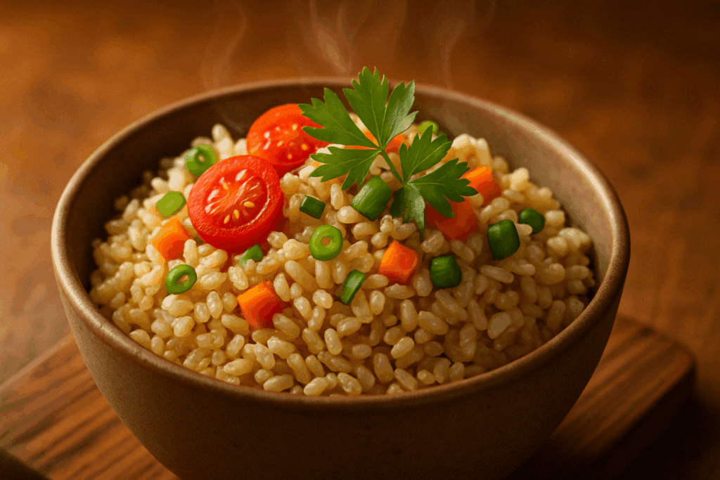 Is Rice a Whole Food? What Nutrition Experts Say About Brown vs. White Rice for a Healthier Lifestyle 2 Steaming bowl of brown rice with herbs and vegetables, highlighting whole grains for the question is rice a whole food