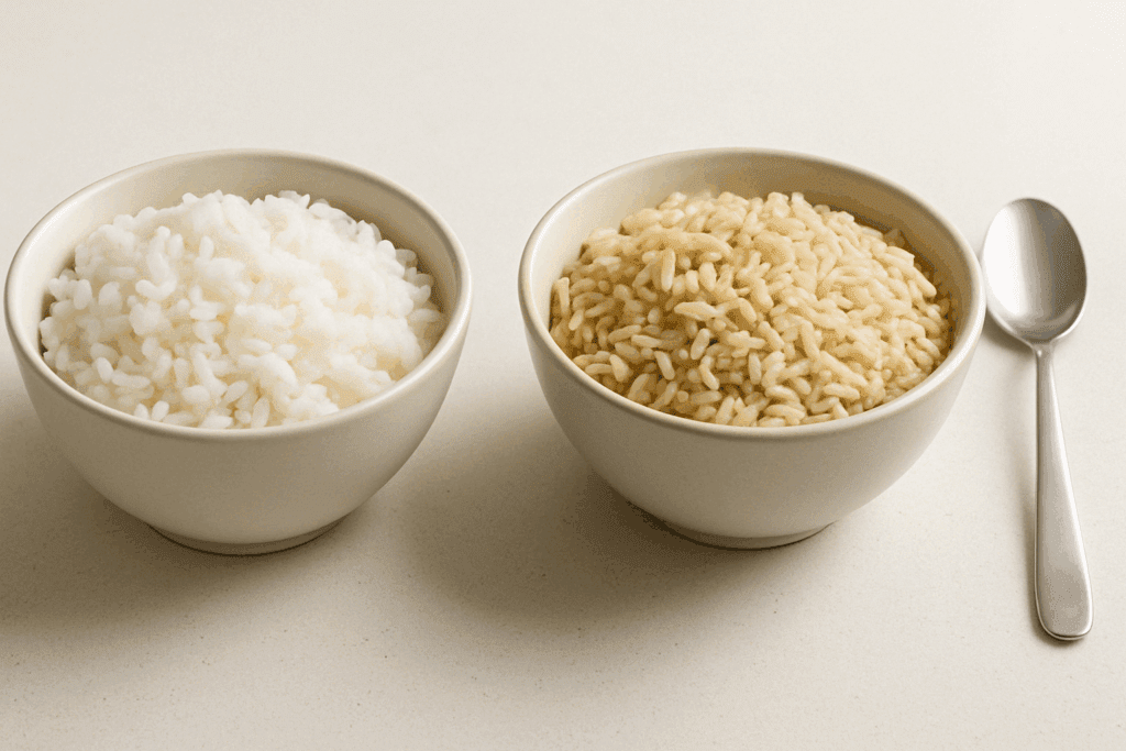 Is Rice a Whole Food? What Nutrition Experts Say About Brown vs. White Rice for a Healthier Lifestyle 3 White rice and brown rice in ceramic bowls on a kitchen counter, showing visible texture and color differences—exploring is rice a whole food.