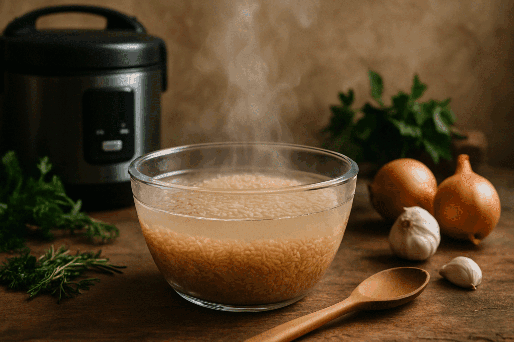 Is Rice a Whole Food? What Nutrition Experts Say About Brown vs. White Rice for a Healthier Lifestyle 5 Brown rice soaking in a glass bowl beside a rice cooker and herbs, illustrating home cooking for the question is rice a whole food.