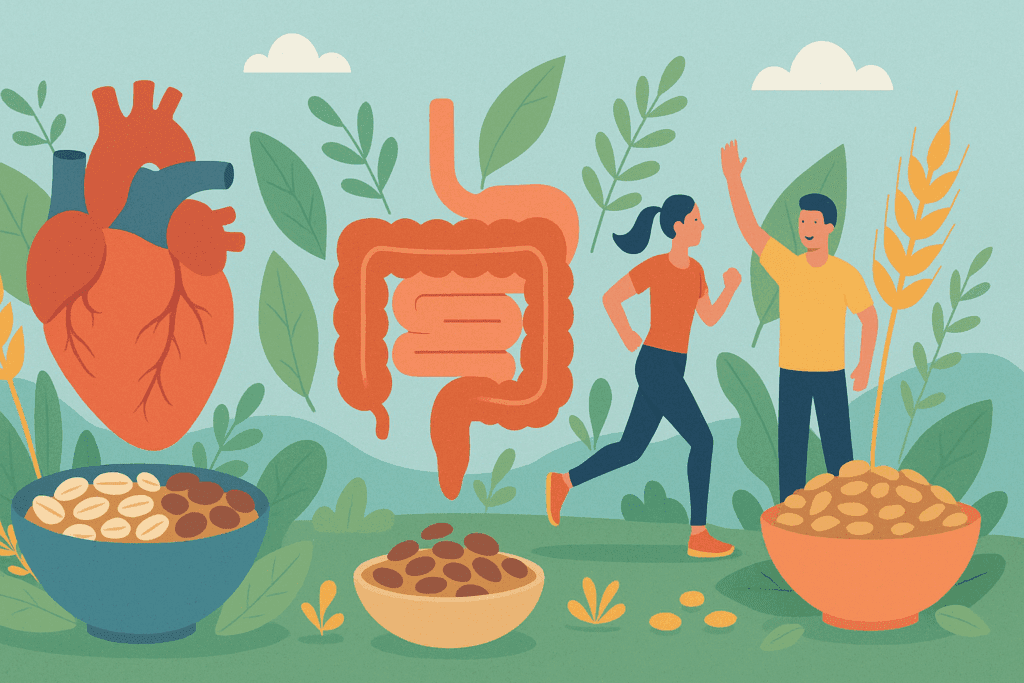 Is Rice a Whole Food? What Nutrition Experts Say About Brown vs. White Rice for a Healthier Lifestyle 6 Conceptual illustration showing active people, a heart and digestive system, and whole grain bowls promoting long-term health benefits—answers the question: is rice a whole food.