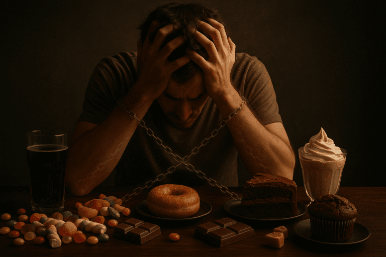 Person in distress surrounded by desserts, soda, and candy, symbolizing the question is sugar addictive through emotional imagery and subtle chains.