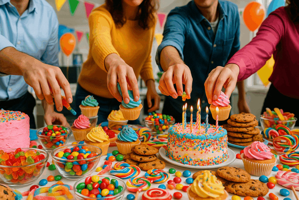 Is Sugar Addictive? Understanding Sugar Dependency Symptoms and How to Break Free Naturally 4 Colorful party table overflowing with cakes, cookies, and candy as people eagerly reach in—highlighting how social settings raise the question: is sugar addictive.