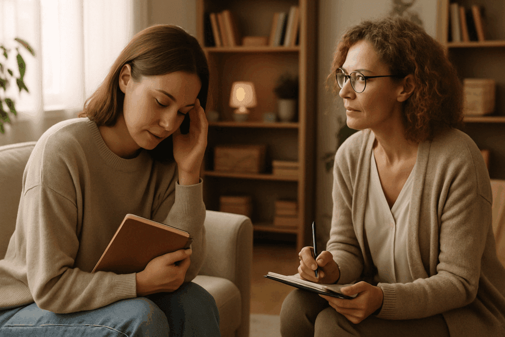 Is Sugar Addictive? Understanding Sugar Dependency Symptoms and How to Break Free Naturally 6 Therapy session between a woman and therapist in a cozy room, exploring emotional recovery and the question is sugar addictive