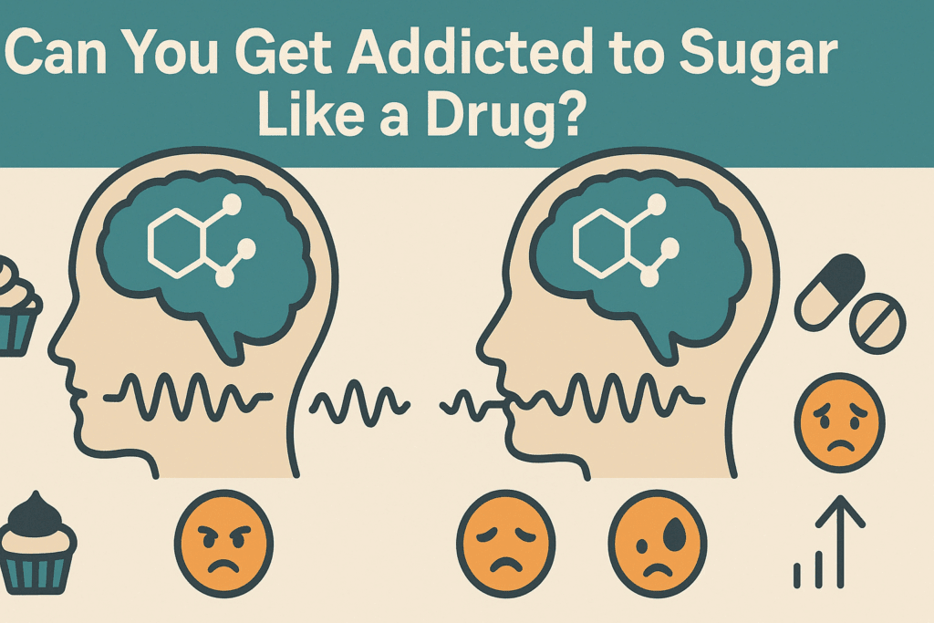 Is Sugar Addictive? Understanding Sugar Dependency Symptoms and How to Break Free Naturally 5 Diagram comparing brain responses to sugar and drugs, illustrating dopamine activity, cravings, and withdrawal to explore is sugar addictive.