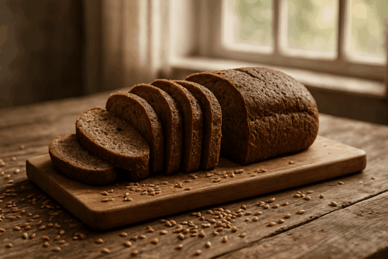 Sliced loaf of rustic whole grain bread on a wooden cutting board, illustrating the question: is whole grain bread good for you