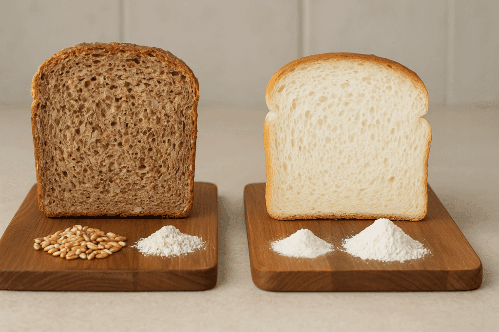 Is Whole Grain Bread Good for You? Expert Insights on the Nutritional Benefits of Choosing Whole Wheat Over Refined Grains 4 Whole grain bread and white refined bread side by side on wooden boards with flour and grain piles, illustrating is whole grain bread good for you comparison.