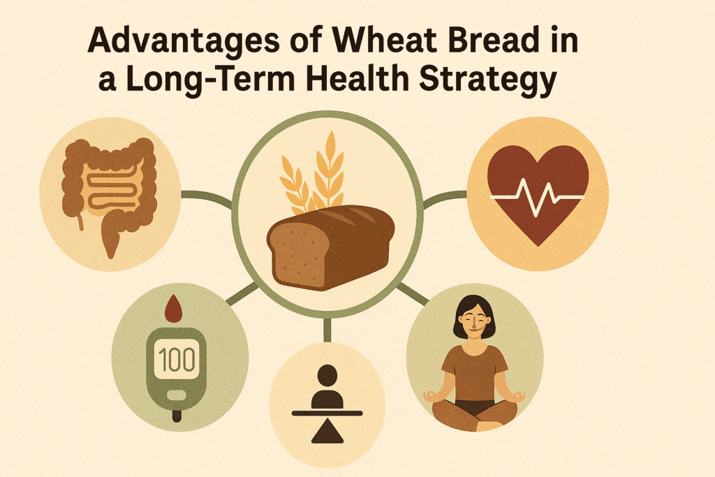 Is Whole Grain Bread Good for You? Expert Insights on the Nutritional Benefits of Choosing Whole Wheat Over Refined Grains 7 Diagram illustrating long-term health benefits of whole grain bread with earthy icons for digestion, heart health, blood sugar, and wellness—answers the question is whole grain bread good for you.