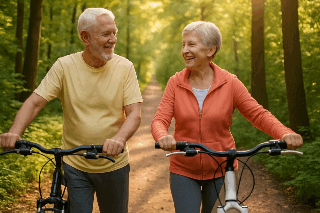 Smiling senior couple walking bicycles through a sunlit forest trail, embracing lifestyle changes for congestive heart failure.