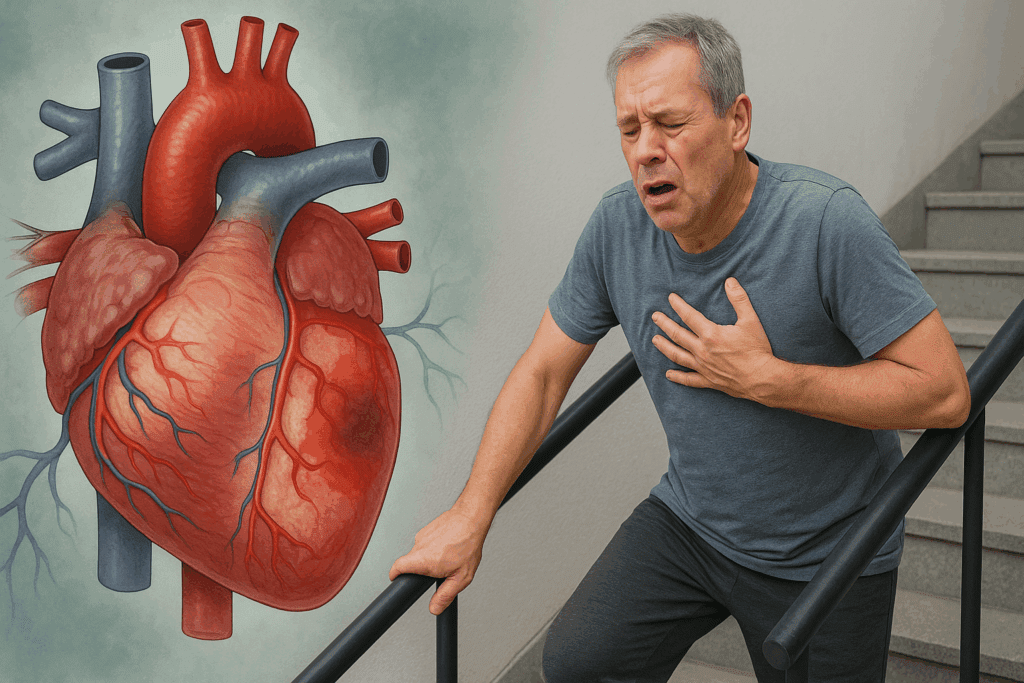 Man with hand on chest struggling to climb stairs beside medical illustration of heart damage, symbolizing lifestyle changes for congestive heart failure.