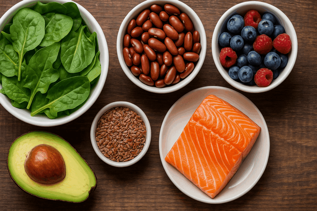 Heart-healthy meal with salmon, leafy greens, berries, legumes, avocado, and flaxseeds supporting lifestyle changes for congestive heart failure
