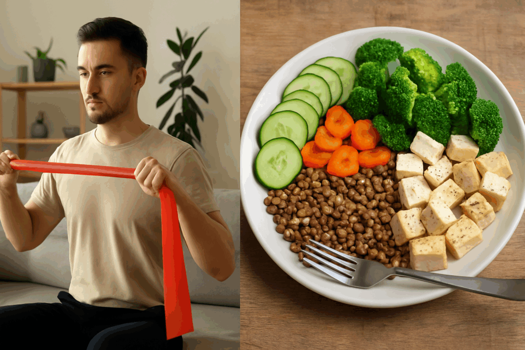 Man doing resistance band exercise beside a plant-based high-protein meal, illustrating lifestyle changes for congestive heart failure.