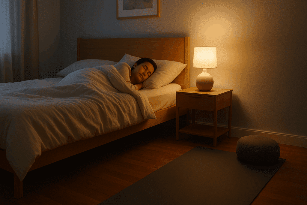 Person sleeping peacefully in a cozy bedroom beside a yoga mat and meditation cushion, symbolizing lifestyle changes for congestive heart failure.