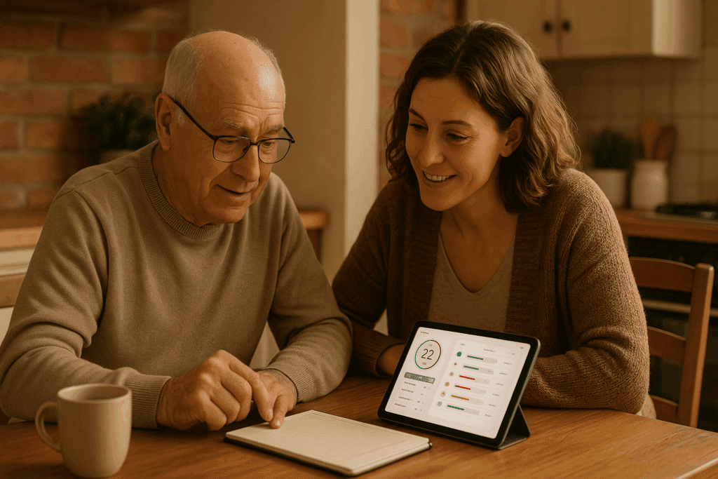 Elderly man and caregiver reviewing a health tracker on a tablet at home, discussing lifestyle changes for congestive heart failure.