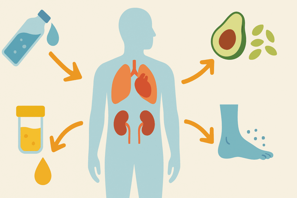 Infographic illustrating lifestyle changes for congestive heart failure, showing hydration, electrolyte intake, organ functions, and fluid monitoring