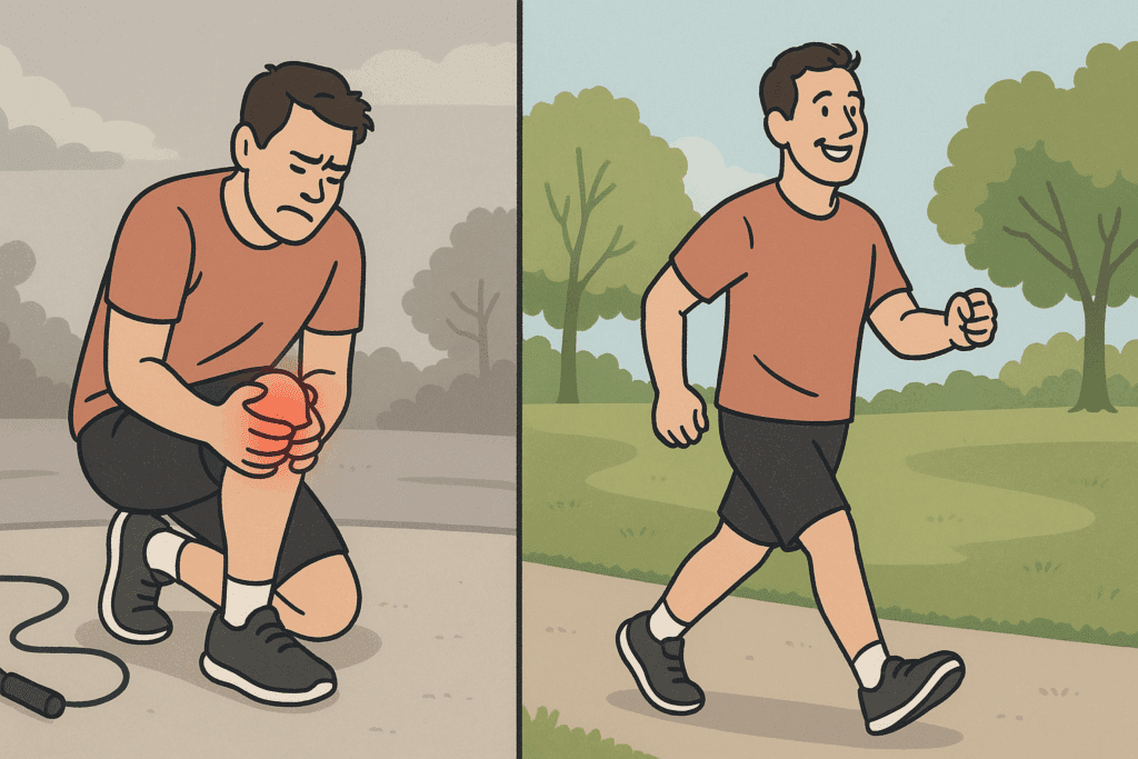 Man with knee pain from jumping rope contrasts with same man enjoying Low-Impact Cardio That Builds Endurance during a brisk walk in the park