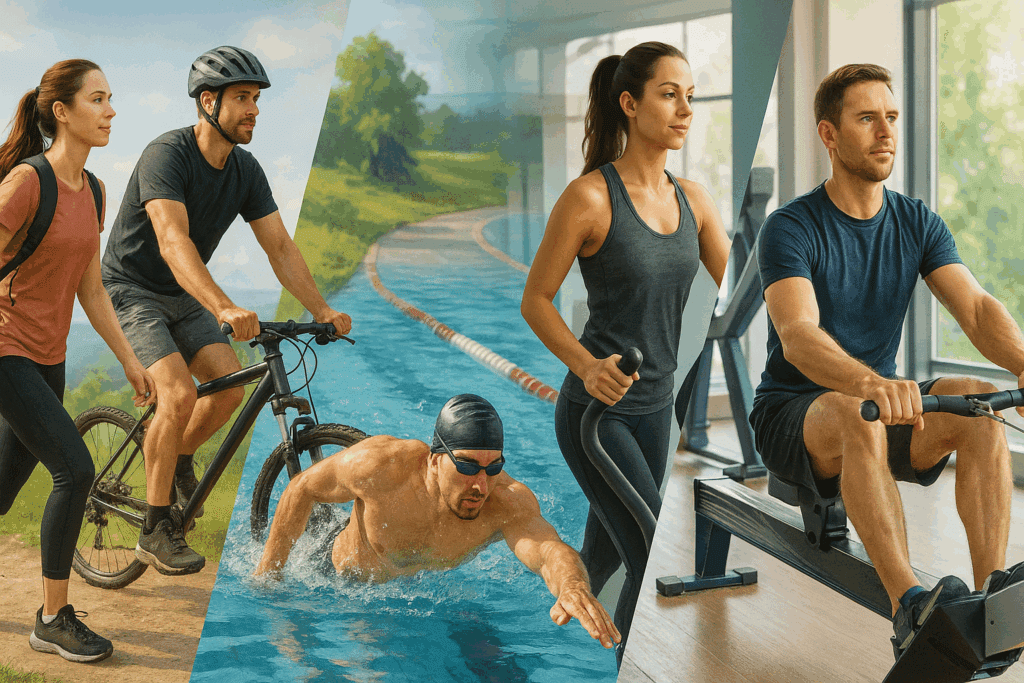 Active adults performing Low-Impact Cardio That Builds Endurance including uphill walking, outdoor biking, swimming, elliptical training, and rowing indoors