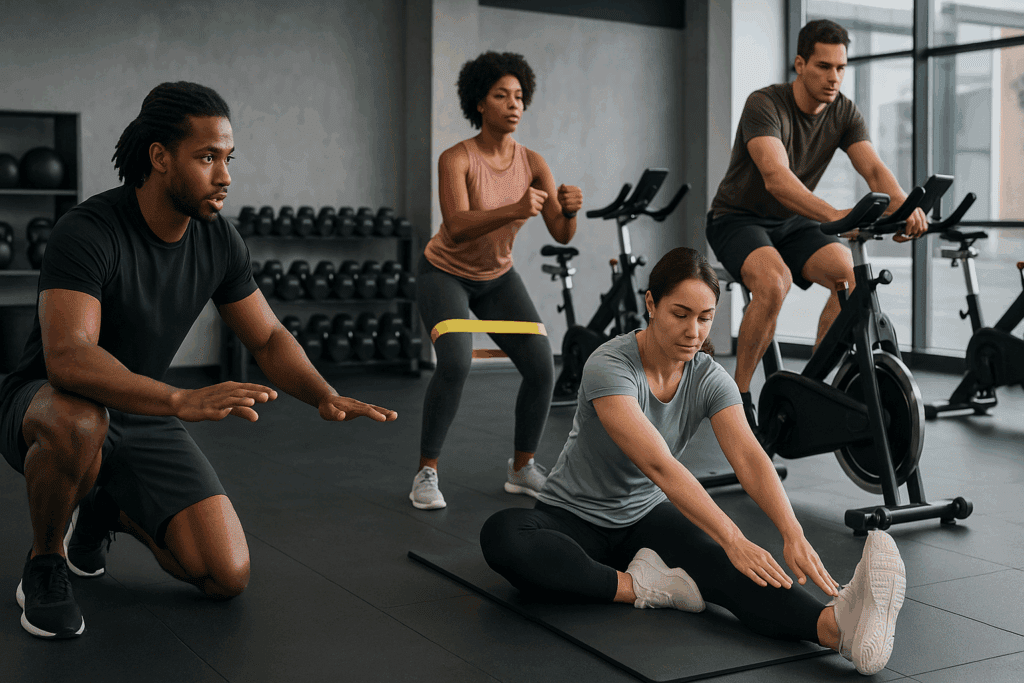 Fitness coach leading a diverse group through Low-Impact Cardio That Builds Endurance, including resistance bands, stretching, and cycling in a modern gym.