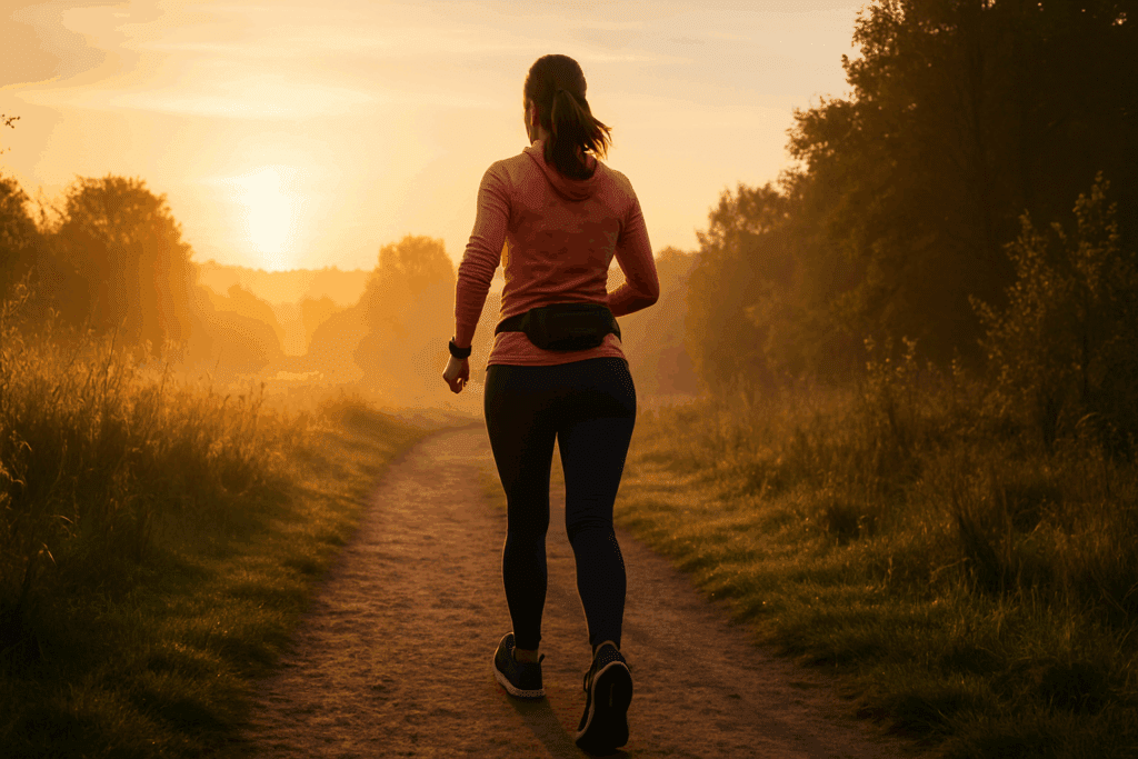 Woman walking briskly on a sunrise trail wearing a smartwatch and hydration belt, symbolizing low-impact cardio that builds endurance
