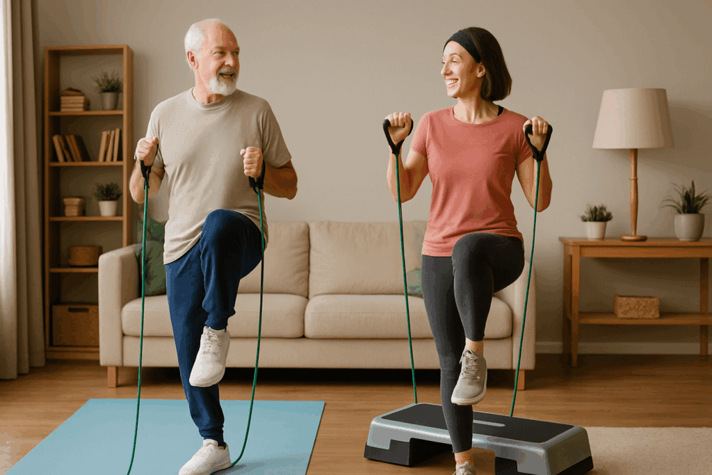 Athlete using a rowing machine with physiotherapist support during low-impact cardio that builds endurance in a rehab setting