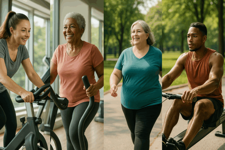 Diverse group of people doing low-impact cardio that builds endurance, including indoor cycling, elliptical training, walking, swimming, and rowing in gym and outdoor settings.