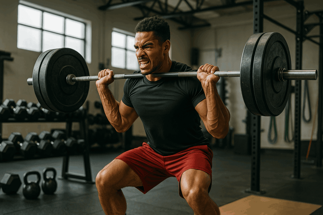 Athlete performing strength and conditioning training for athletes in a modern gym, lifting a heavy barbell with an intense expression, surrounded by gym equipment like dumbbells and kettlebells, emphasizing power and endurance in training.