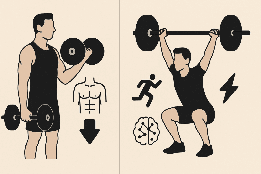 Diagram illustrating the difference between general weight training and athletic strength training for athletes