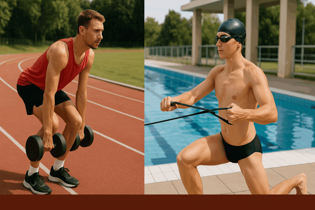 Split image showing a runner performing hamstring exercises with weights on a track and a swimmer using resistance training