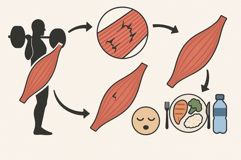 Diagram illustrating the muscle adaptation and recovery process in strength and conditioning training for athletes, highlighting muscle microtears, repair, protein synthesis, and the importance of recovery factors like sleep, nutrition, and hydration