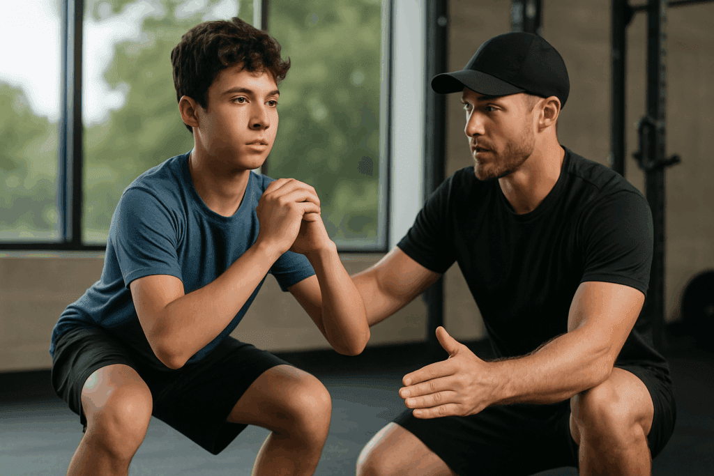 Young athlete performing bodyweight squat in a gym during strength and conditioning training for athletes, with coach providing guidance on proper form and technique