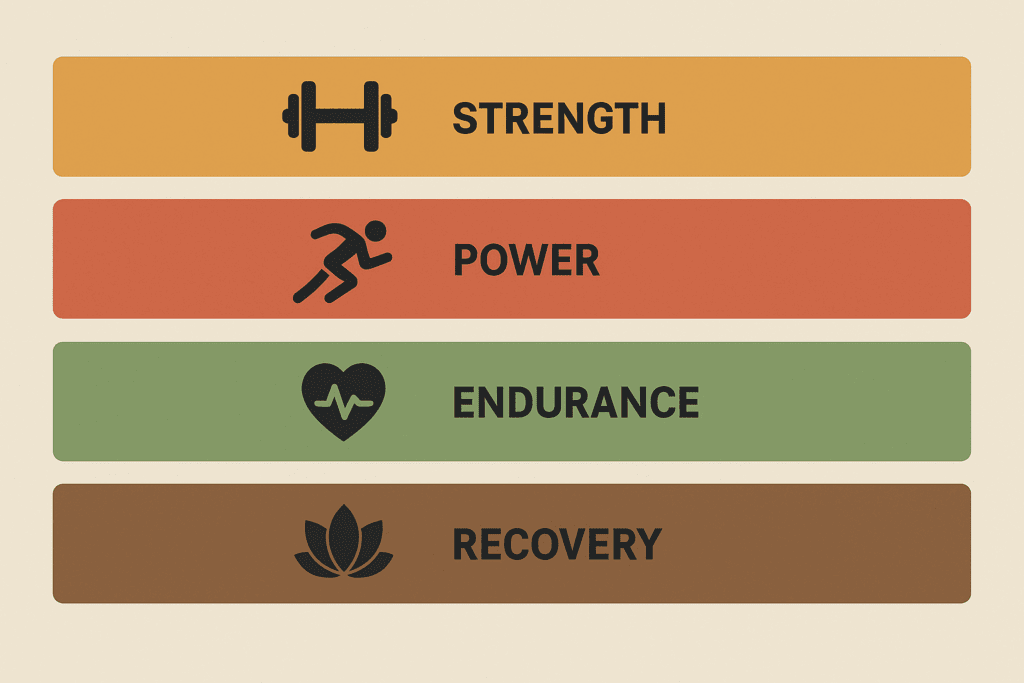 "Diagram showing the different phases of strength and conditioning training for athletes, including offseason strength training, preseason power training, in-season endurance training, and postseason recovery, with corresponding icons and color-coded sections