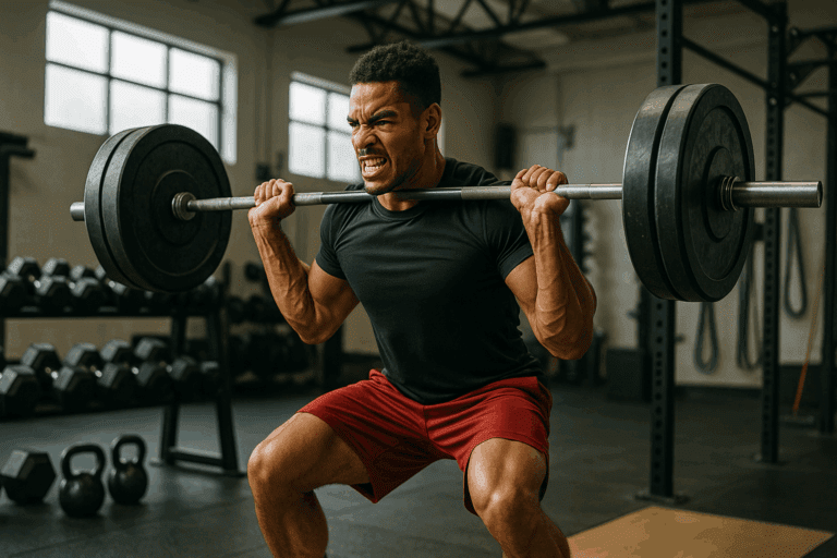 Athlete performing strength and conditioning training for athletes in a modern gym, lifting a heavy barbell with an intense expression, surrounded by gym equipment like dumbbells and kettlebells, emphasizing power and endurance in training.