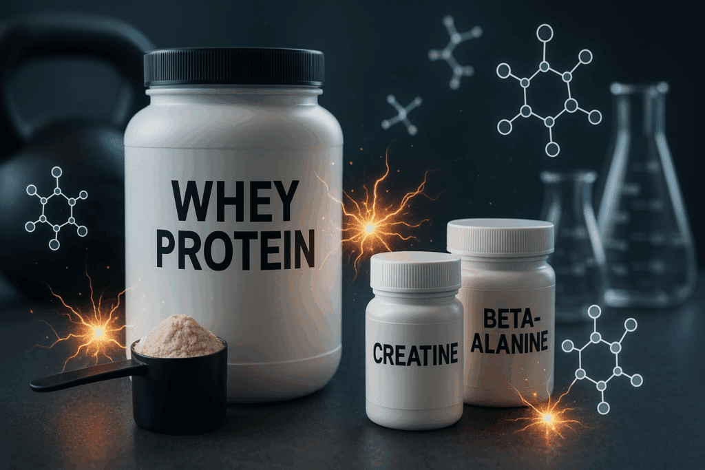 Maximize Strength and Stamina: What Supplements Should I Take for Working Out and Muscle Growth? 2 Unbranded whey protein, creatine, and beta-alanine supplements with gym gear and lab glassware—what supplements should I take for working out and muscle growth