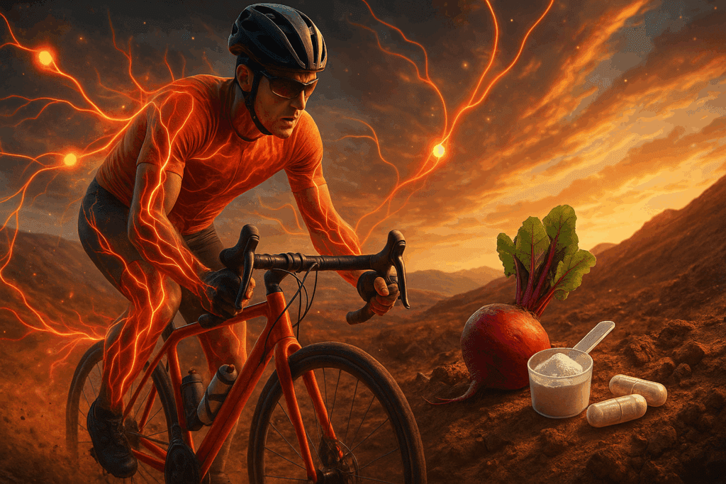 Maximize Strength and Stamina: What Supplements Should I Take for Working Out and Muscle Growth? 3 Cyclist pushing through rugged terrain at sunset with glowing veins and nearby beetroot powder and capsules, symbolizing what supplements should I take for working out and muscle growth
