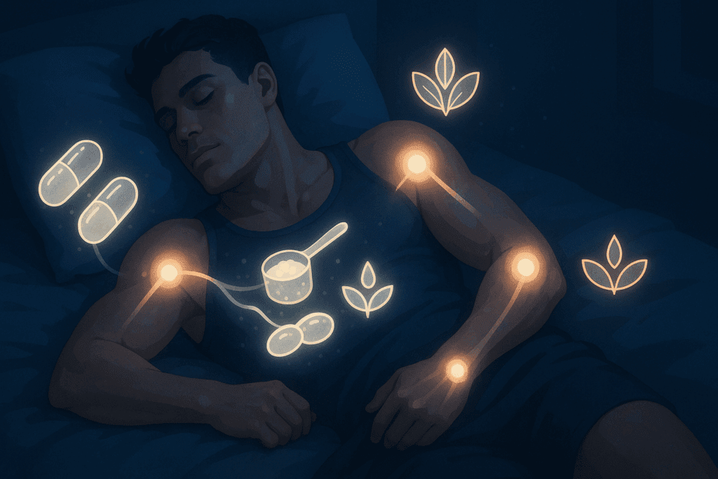 Maximize Strength and Stamina: What Supplements Should I Take for Working Out and Muscle Growth? 4 Resting athlete at night with glowing joints and supplement icons representing what supplements should I take for working out and muscle growth