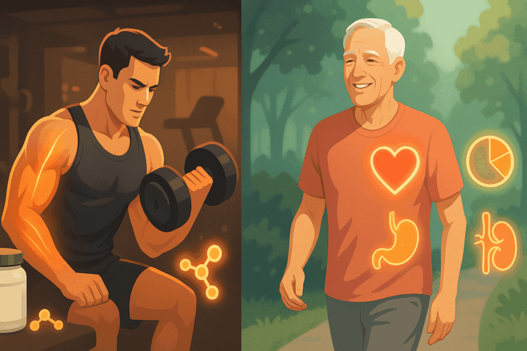 Maximize Strength and Stamina: What Supplements Should I Take for Working Out and Muscle Growth? 6 Side-by-side comparison showing gym supplements and muscle activation versus long-term health markers, illustrating what supplements should I take for working out and muscle growth.
