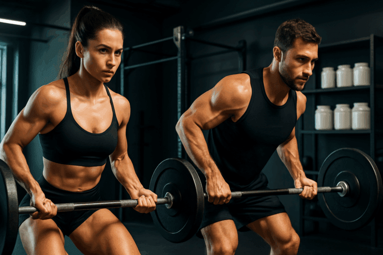 Fit man and woman lifting barbells in a modern gym, demonstrating what supplements should I take for working out and muscle growth.