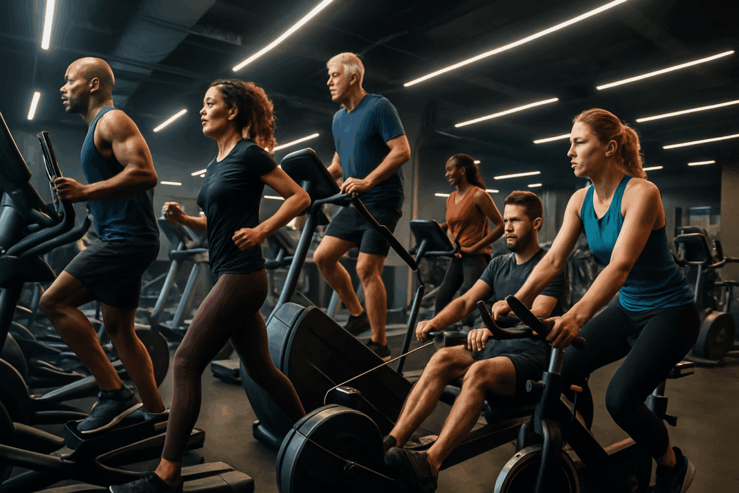 Diverse group of people performing cardio machine exercises on treadmills, ellipticals, spin bikes, and rowing machines in a modern gym.