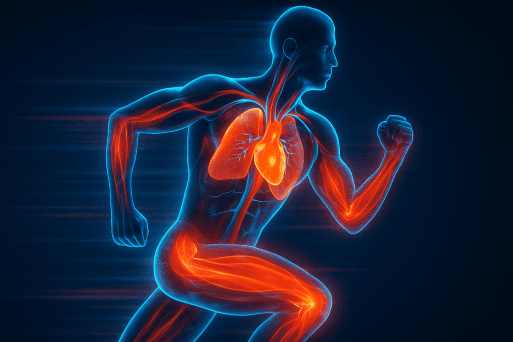 Stylized human anatomy showing active heart, lungs, and muscles during cardio machine exercises