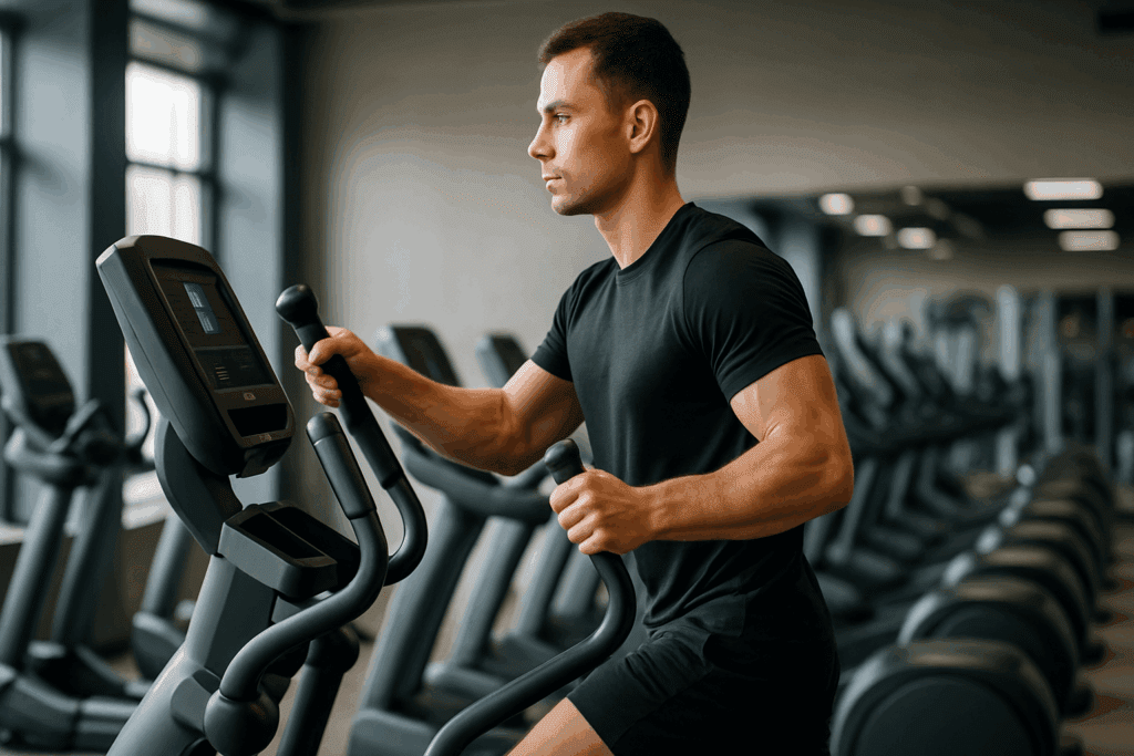 Fit adult performing cardio machine exercises on an elliptical trainer in a modern gym with digital display and blurred background equipment.
