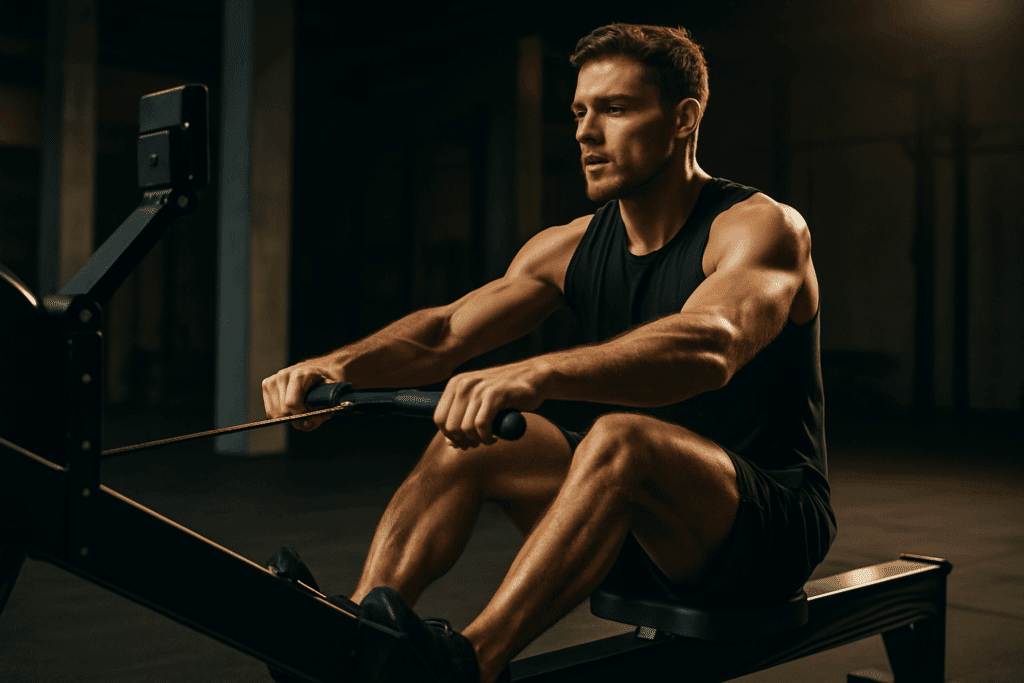 Man performing cardio machine exercises on a rowing machine, showcasing full-body muscular engagement in a gym setting