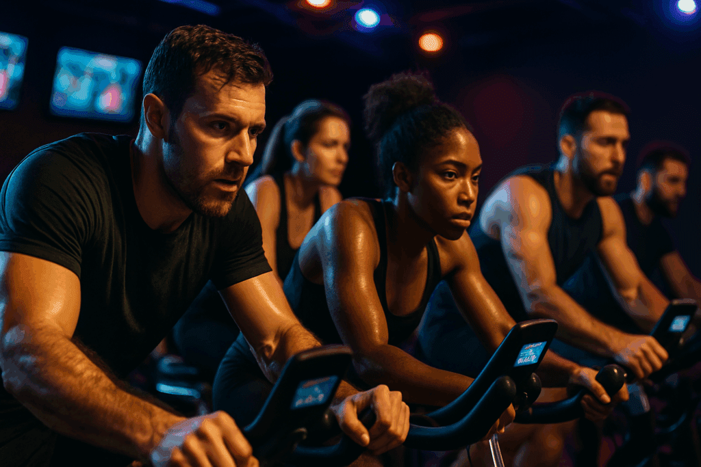 Focused individuals in a dimly lit spin class performing cardio machine exercises on stationary bikes with colorful overhead lighting