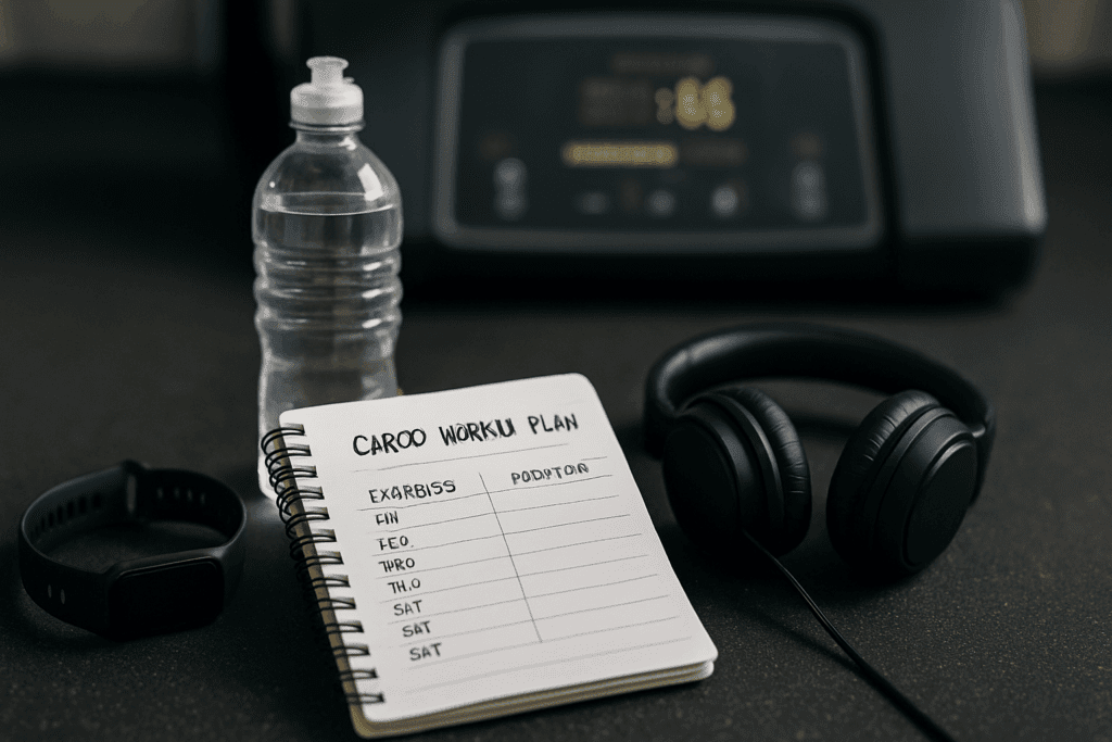 Flat lay of a gym workout plan notebook, fitness tracker, water bottle, and headphones on a gym floor with a blurred cardio machine in the background, representing cardio machine exercises routine.