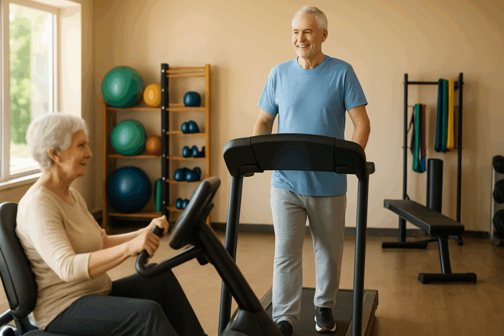 Senior adults performing cardio machine exercises in a rehabilitation gym, using a treadmill and recumbent bike.