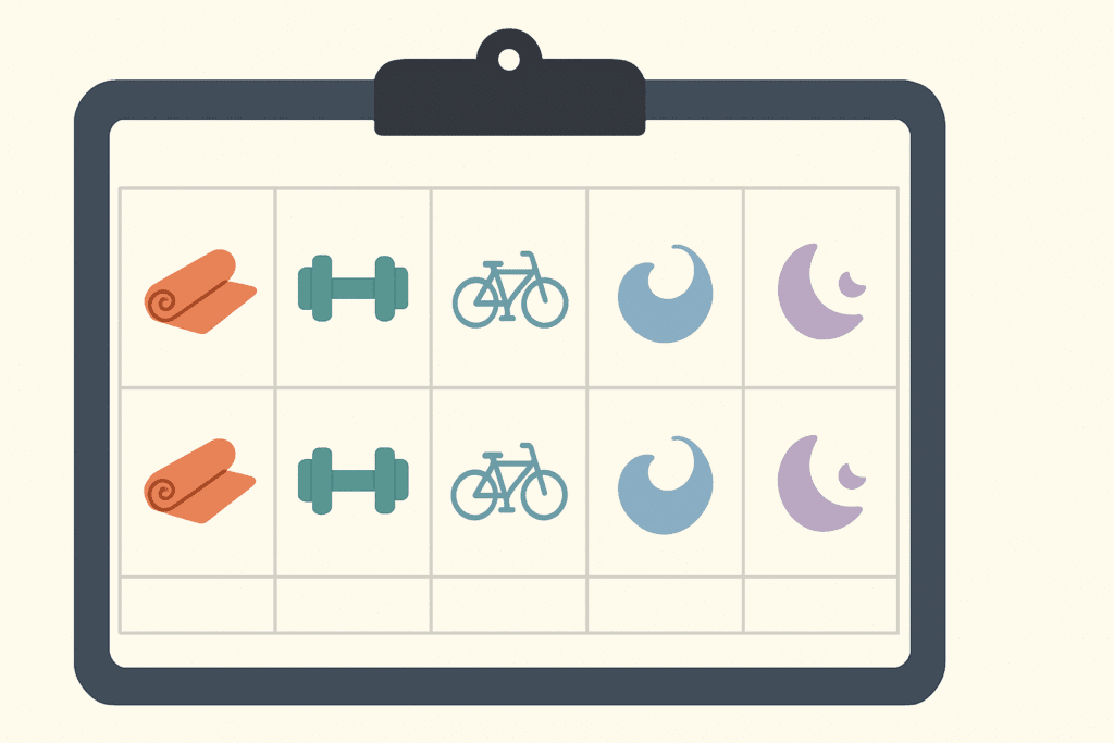 Color-coded digital workout timetable for beginners displayed on a tablet, with icons for yoga, strength training, cycling, and rest across seven days