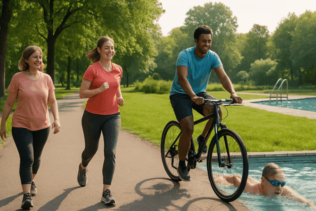 People following a workout timetable for beginners by doing cardio in a park—brisk walking, jogging, cycling, and swimming in a relaxed setting